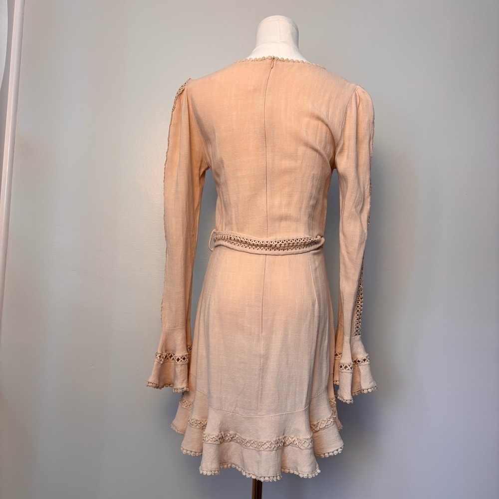 Saints and Secrets Flare Linen Embroidered Flare Cuff Waist Tie Dress Beige Sz S - Picture 10 of 15